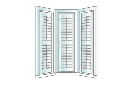 Bespoke plantation shutters installed in bay window with curved white frames.