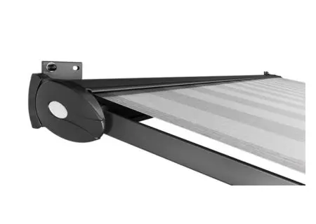 Saffron Signature awning with open cassette and striped fabric design.