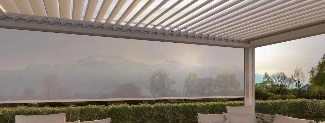 Artares pergola with integrated vertical shading screens.