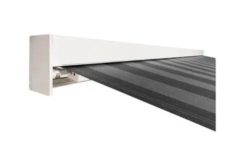 Full cassette awning with slim housing and modern dark finish.