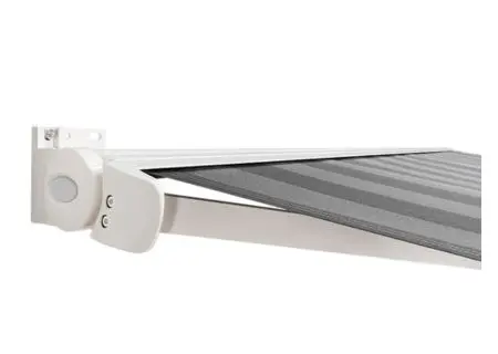 Semi-cassette awning in white with striped fabric pattern.