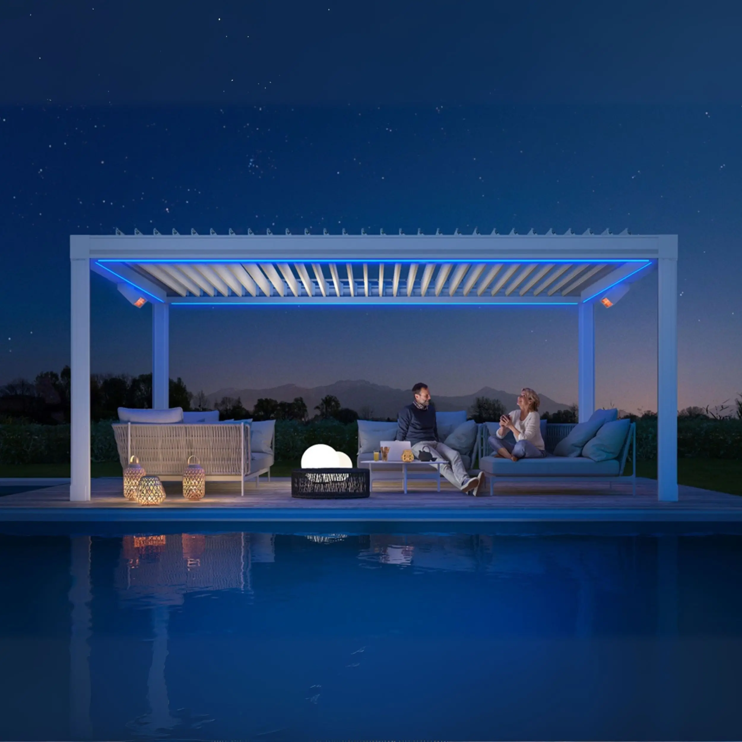 Weinor Artares bioclimatic louvre roof pergola with LED lighting.