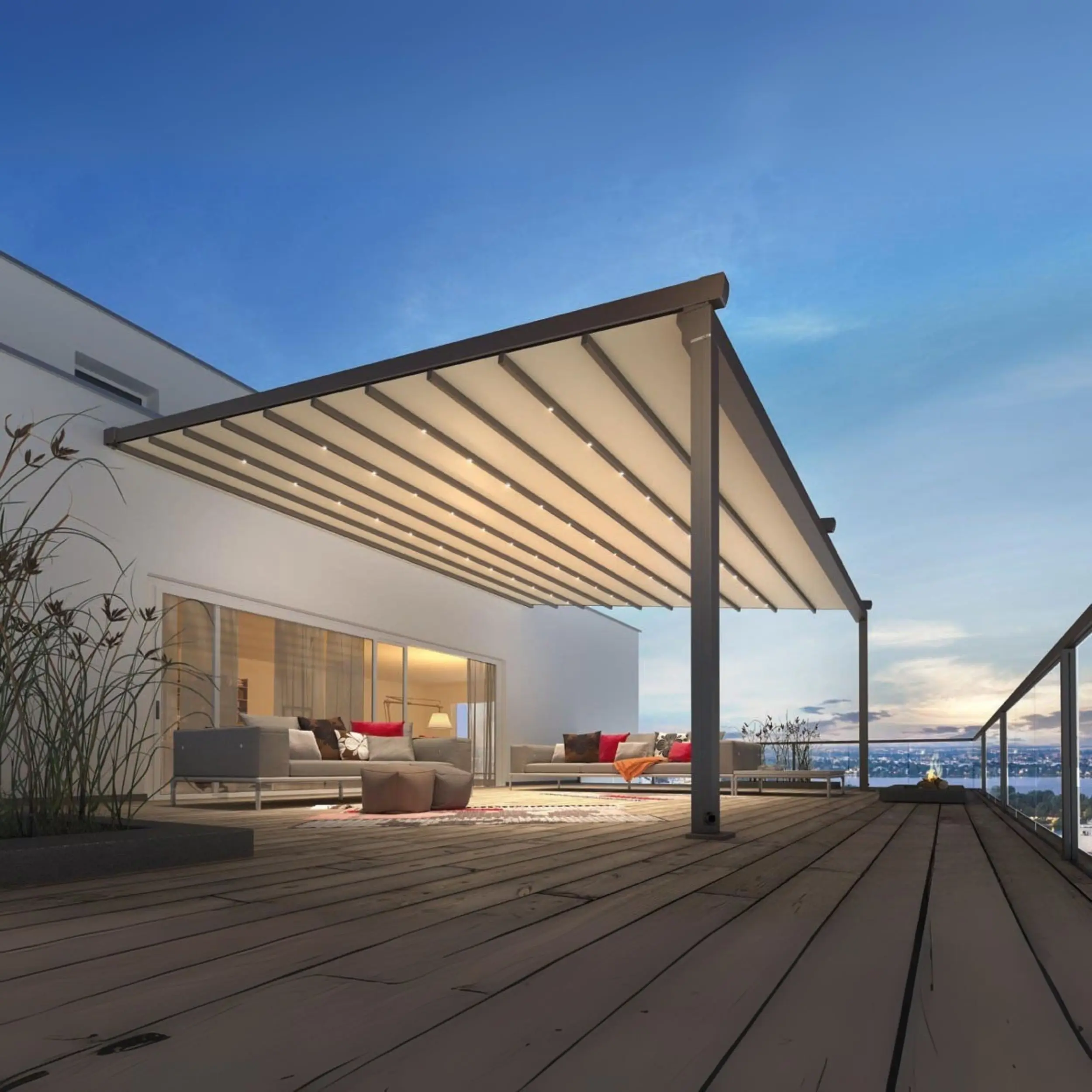 Weinor Pergotex retractable fabric roof pergola.