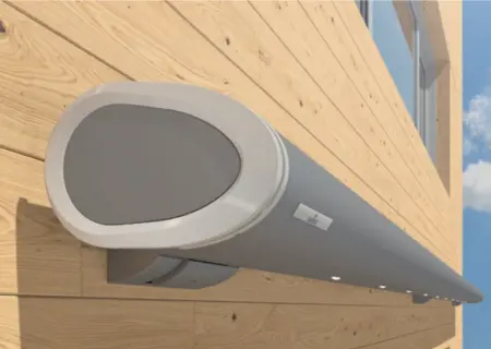 Grey Weinor Semina Life LED awning with integrated downlighting, mounted on timber cladding.