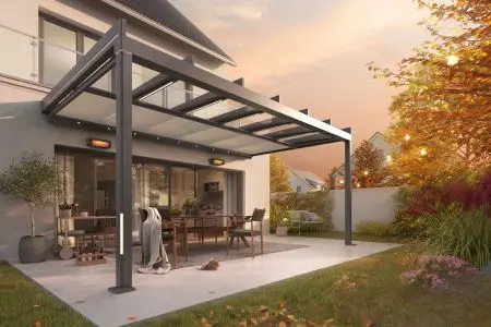 weinor terrazza pure glass veranda with led lighting at sunset