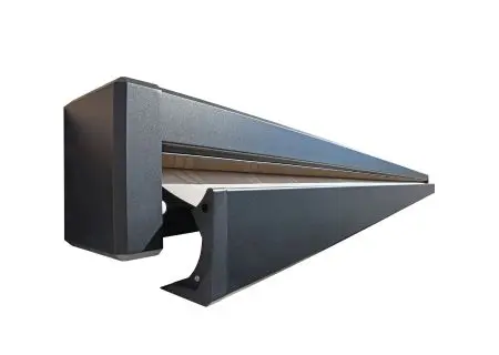Full cassette awning in anthracite finish with integrated arm design.