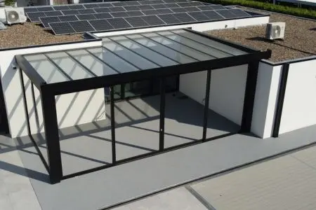 Aerial view of a Sturmer veranda with sliding glass doors on a modern property.