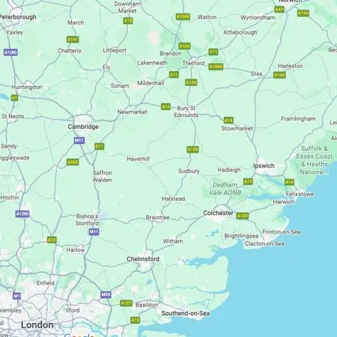 Map of East Anglia showing Saffron Outdoor Living service areas across Essex, Suffolk, Cambridgeshire, and Hertfordshire