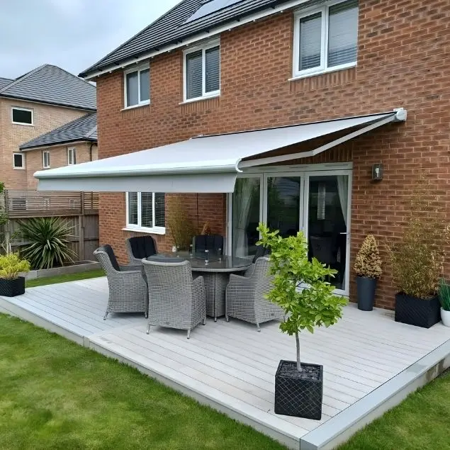 Saffron Signature full cassette awning providing stylish shade on a raised decking area