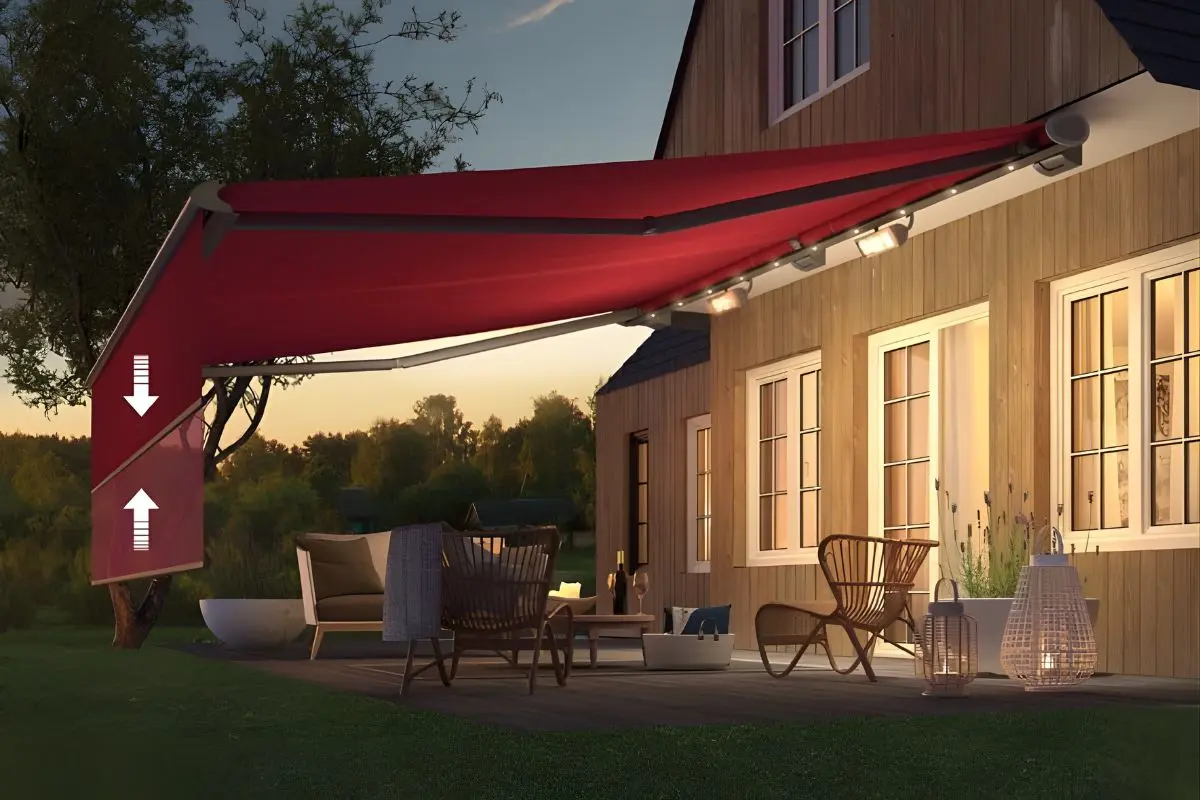 Front view of a wall-mounted retractable awning installed above patio doors with integrated heating
